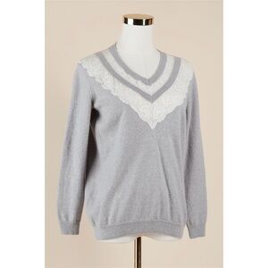 Sz S Rebecca Taylor Light Grey Merino Wool Pullover Sweater Lace Trim V Neck GUC